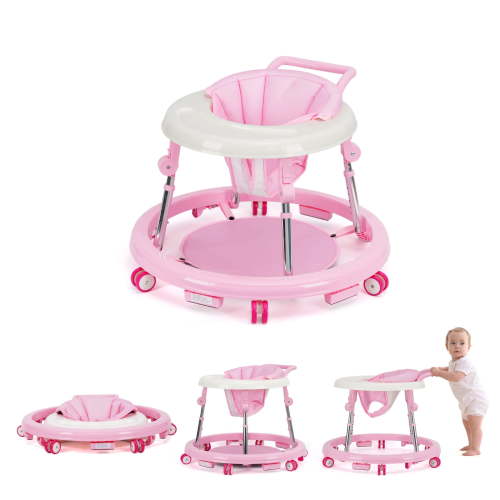 Baby Walker, Portable/Foldable/9 Adjustable Heights/With Wheels/Anti-Rolling, For Babies 6-12 Months (Pink)