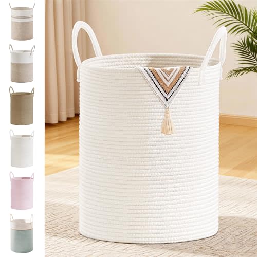 88L Large Tall Cotton Rope Laundry Basket with Handles, White | Storage Bin for Clothes, Blankets & Kids Toys, Boho Woven Hamper, Portable Organizer for Nursery, Bedroom, Living Room