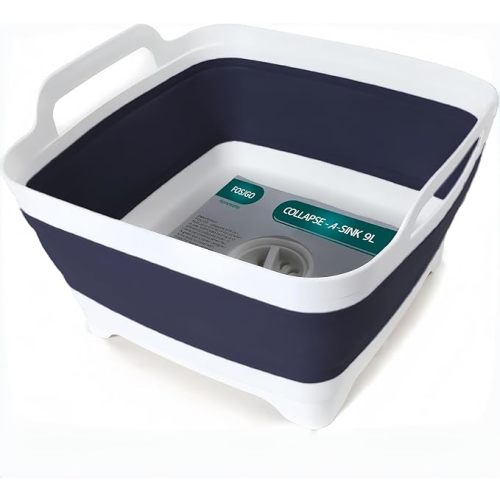 FOSJGO Collapsible Dish Basin with Drain Plug, 2.4 Gal(9L) Space Saving Multiuse Foldable Sink for Baby Bottles, Kitchen Camping Dish Tub for Vegetable Washing and Beverage Tubs