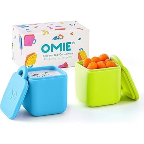 OmieBox (2 pack) Leakproof Dips Containers To Go, Salad Dressing Container, Condiment Container with Lids - Food Safe Silicone - 4 ounces (Blue/Lime)