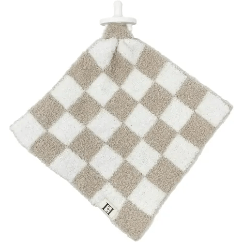 Checkered Baby Lovey Pacifier Holder 10"x10" - Cuddly Soft Knitted Reversible Mini Comfort Security Blanket - Snuggle Newborn Gift Essential for Babies Boys and Girls (Tan/White)