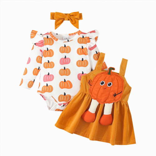 CAICJ98 My First Halloween Baby Boy Outfit Suspender Skirt Long Sleeve Newborn Ruffled Pumpkin Romper Baby Girl Dress Fall Clothes Infant Girls Gifts Orange,Size 0-3 Months