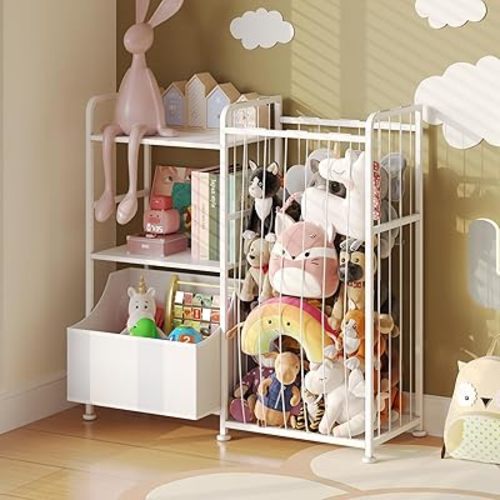 BBLIKE Stuffed Animal Storage - Stuffy Animal Net with Kids Bookshelf and Toy Organizer, 2-Tier White Bookshelf with Stuffed Teddy Holder and Fabric Toy Chest for Kids Room, Playroom, Nursery