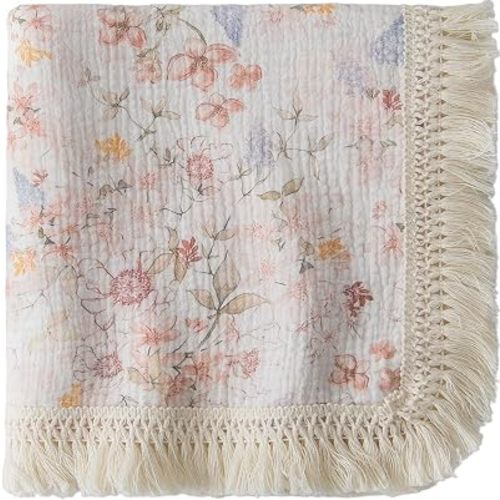 Cotton Muslin Baby Blanket with Tassel, Boho Bohemian Muslin Swaddle Blanket Baby Receiving Blanket with Fringe, Nursery Decor Throw or Nursing Blankets, 47" x40”(Watercolor Flower)