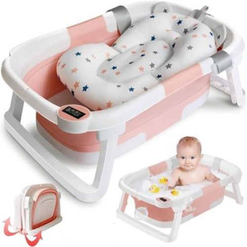 Morfone Portable Folding Temperature Sensor Bath Tub with Safety Non Slip Mat Soft and comfortable, making bath time more enjoyable for your baby
