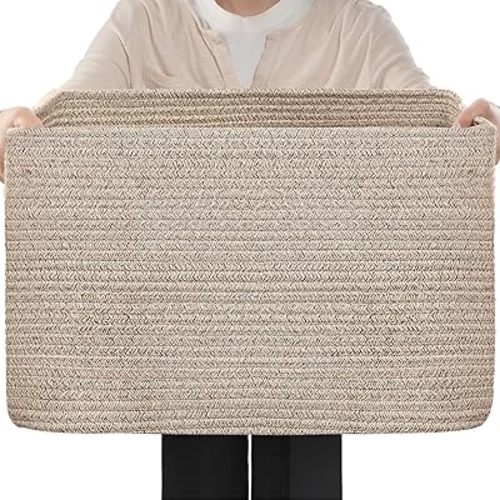 Optish 75L Large Blanket Basket for Living Room, Woven Rope Laundry Basket with Reinforced Handles, Decorative Versatile Storage Baskets for Bedroom, Nursery, Pillows, Toys, 22” x 17” x 11.5”, Brown