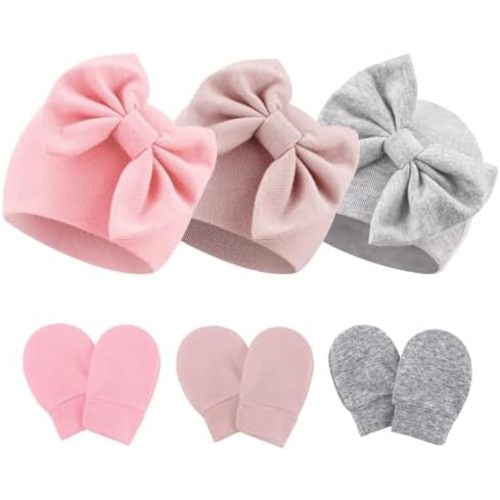 Newborn Baby Hats and Mittens Set Infant Bow Beanie Cap Toddler Gloves Newborn Hospital Hats for Baby Boy Girl 0-12 Months