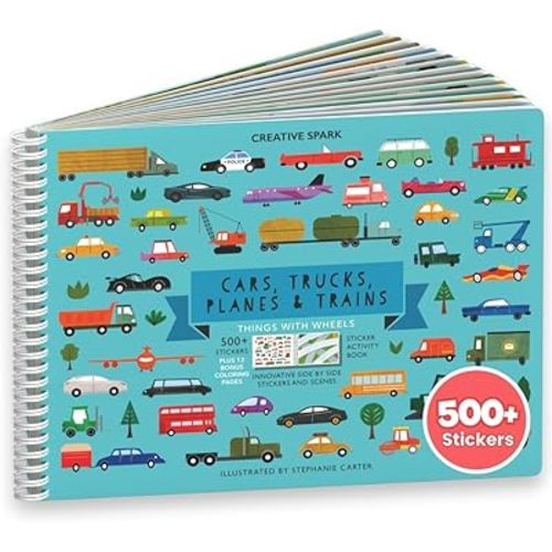 CUPKIN Sticker Book for Kids 2-4, 500+ Kids Stickers, Cars, Trucks, Planes & Trains 12 Coloring Pages 12 Side by Side Scenes, Fun Toddler Travel Activity Coloring and Sticker Books for Ages 4-8 + 8-10