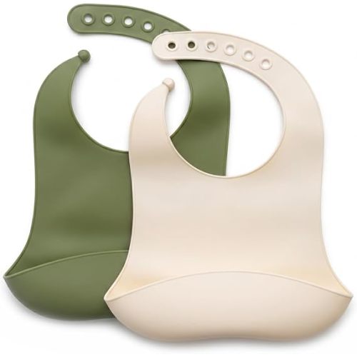 Silicone Baby Bibs 2-Pack – Waterproof Adjustable Baby Bibs for Boys & Girls, Soft BPA-Free Feeding Bibs with Deep Food Catcher Pocket, Easy-Clean Dishwasher Safe Toddler Bibs, Olive Green & Cream