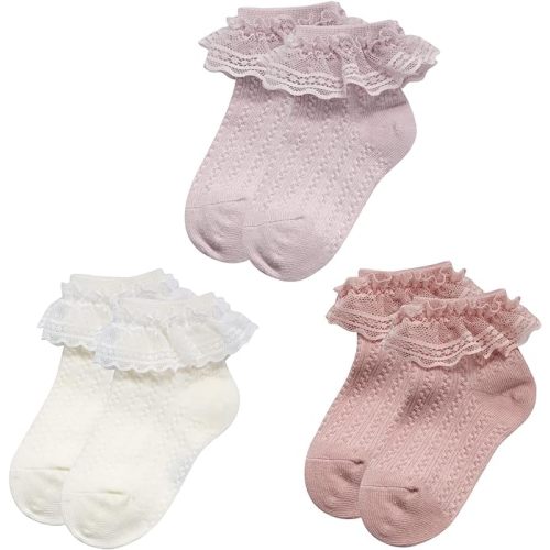 Zando 3-Pack Baby Girls Frilly Ruffle Ankle Socks Toddler Ultra Soft Cotton Socks with Lace Trim Infant Mesh Dress Socks