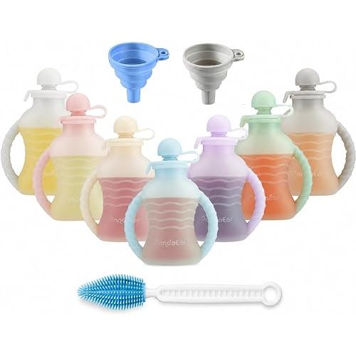 PandaEar 7-Pack Reusable Silicone Baby Food Pouches with Handles, 4oz Refillable Portable Pouches for Toddlers & Infants, BPA-Free Self-Feeding Yogurt & Smoothie Bags, Includes 2 Funnels