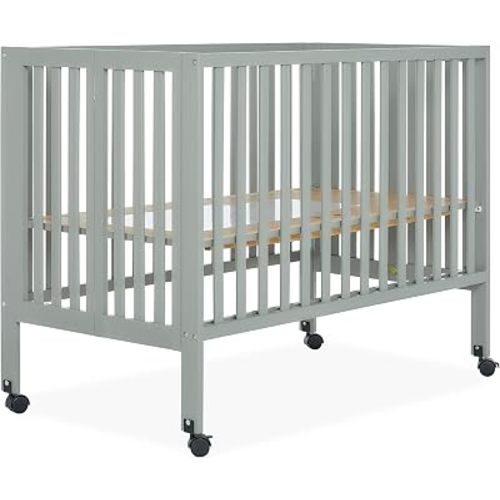 Dream On Me Quinn Full-Size Portable Baby Crib in Cool Grey GreenGuard Gold & JPMA, Patented Quick Fold System, Adjustable Mattress Support, Smooth Wheels, Compact Design, Safe Sleep Assurance