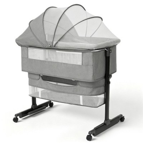 Baby Bassinet Bedside Crib with Adjustable Height, Breathable Mesh Sides, Wheels and Storage Basket,Dark Grey