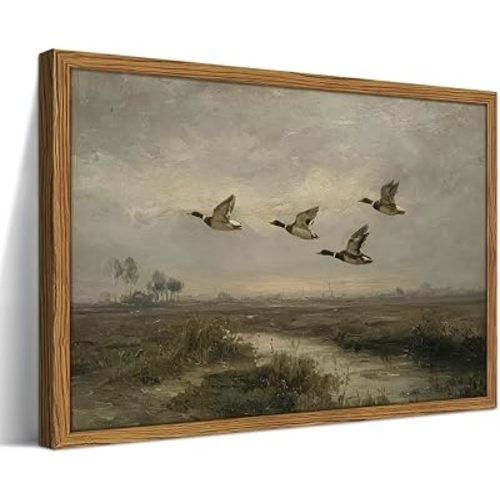 Framed Vintage Mallard Duck Wall Art, CottageCore Flying Ducks Wetland Landscape Picture Wall Decor Painting, Farmhouse Wildlife Canvas Prints for Living Room lake house Office-12x16 Inch