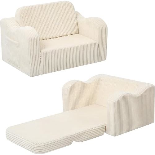 MeMoreCool Toddler Couch Fold Out – 2-in-1 Convertible Kids Sofa Bed with Soft Corduroy Cover, High-Density Foam Toddler Chair for Ages 1–3, Foldable Floor Lounger with Machine-Washable Cover, Beige
