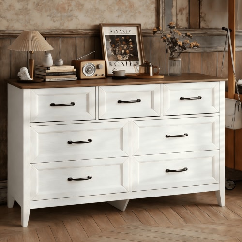 Lofka 47.2" Dresser for Bedroom with 6 Double Drawers, Farmhouse Wood Storage Cabinet with Smooth Metal Handle