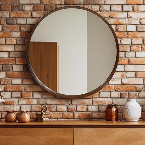 Round Wood Frame Mirror 28 Inch, Brown Wall Circle Mirror for Bathroom, Nursery, and Wall Decor - Large