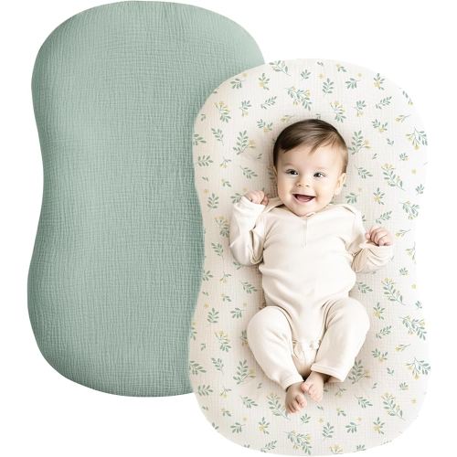 Konssy Muslin Baby Lounger Cover 2 Pack, 100% Cotton Newborn Lounger Cover, Soft and Breathable Lounger Cover for Boys Girls, Covers Only (Leaf,Green)