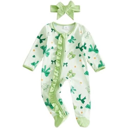 St Patricks Day Baby Girl Outfit Shamrock Bow Print Long Sleeve Zip Jumpsuit and Bow Headband Newborn Clothes