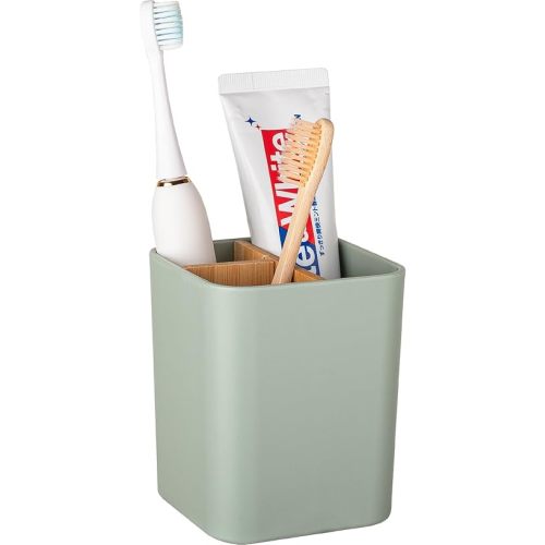 Bamboo Toothbrush Holder for Bathrooms, 3 Slots Kids Toothbrush and Toothpaste Holder Bathroom Countertop Organizer for Electric Toothbrushes, Floss, Razors - Green