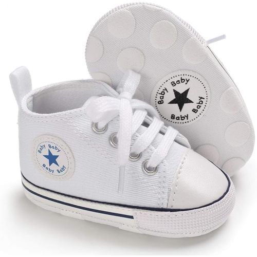 KIDSUN Unisex Baby Boys Girls High Top Sneaker Soft Anti-Slip Sole Newborn Infant First Walkers Canvas Denim Shoes - 6-12 Months Infant - A01-white