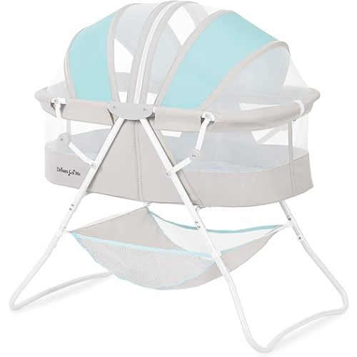 Dream On Me Karley Bassinet in Blue & Grey, Lightweight Portable Baby Bassinet, Quick Fold and Easy to Carry , Adjustable Double Canopy, Indoor and Outdoor Bassinet with Large Storage Basket.