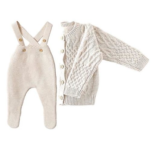 Newborn 2-Piece Set, Cable Knit Cardigan and Knit Overall in Oatmeal Color, Organic Cotton