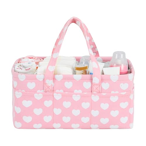 QiANBiRD Diaper Caddy Organizer for Baby Girl-Nursery Storage Bin-Portable Car Organizer for Diapers and Baby Wipes- Baby Shower Registry Basket Newborn Must Have Tote Caddy Bag(Pink Heart)