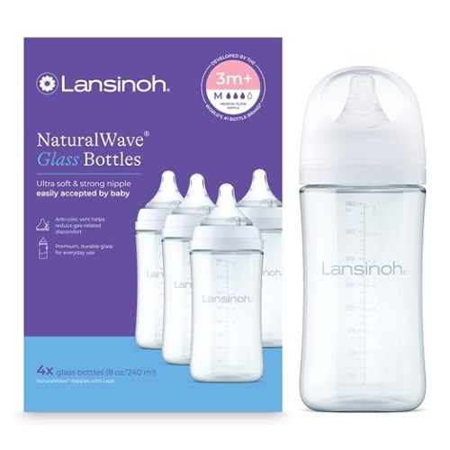 Lansinoh Biberones de vidrio anticólicos, 8 onzas, 4 botellas para alimentación, artículos esenciales para bebés, incluye 4 tetinas de flujo medio, tamaño M