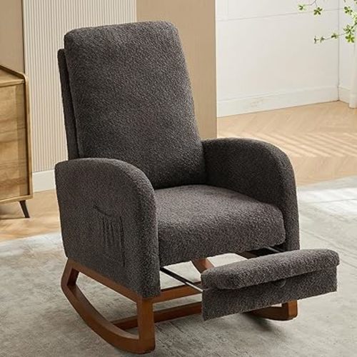Dolonm Rocking Chair Nursery,Glider Rocking Chair with Footrest High Backrest Glider Rocker for Baby Room Boucle Accent Chair for Living Room Mid Century Modern Arm Chair for Bedroom,Charcoal