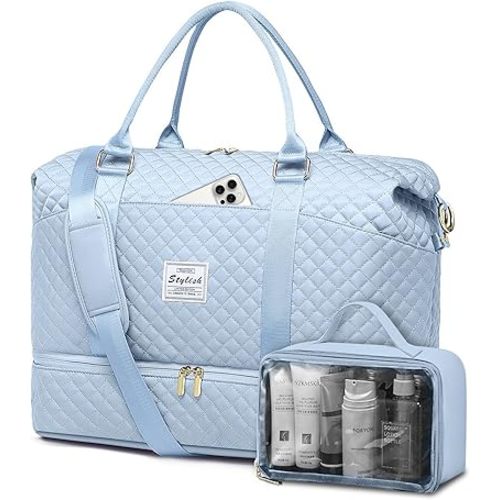 Travel Overnight Bag Weekender Bags- Duffle Bags Women with Shoe Compartment Carry on Overnight Bag with Toiletry Gym Duffel with Wet Pocket Hospital Bags Light Blue