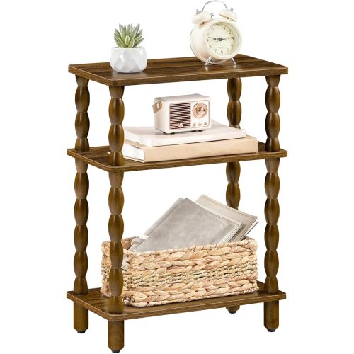 HOOBRO Narrow End Table, 3-Tier Small Side Table with Solid Wood Legs, Skinny Side Table, Nightstand, Accent Table for Small Space, Living Room, Bedroom, Sofa Couch, Walnut WL462BZ01