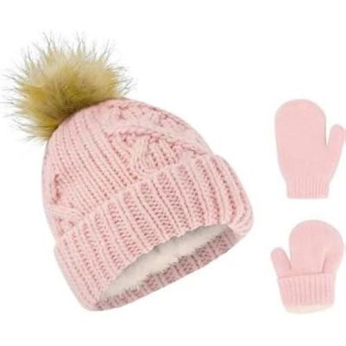 Rising Star Baby Girls and Boys Hat with mittens set, Winter Set for infants Ages 12-24 months (Pink)