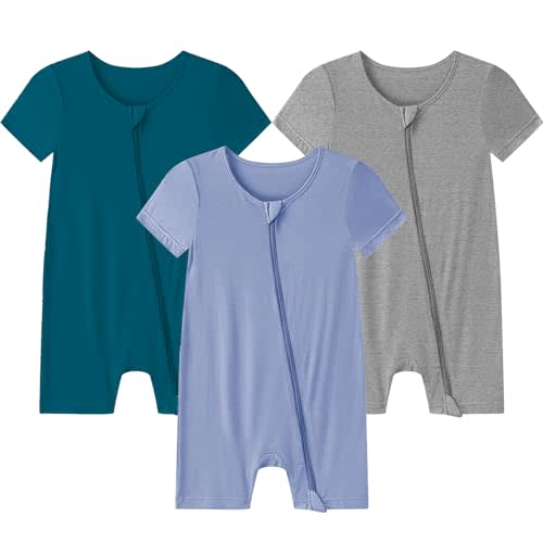 Baby Romper 3 Pack Bamboo Rayon Footless Short Sleeve Zipper Romper | Soft, Breathable, Stretchy, Skin Friendly, Quick Dry, Comfy, Gentle, Newborn, Sleepers, Pajamas, Infant, One-Piece