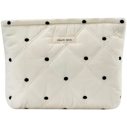 uekeboag White Quilted Cotton Makeup Pouch, Cosmetic Bag (01White Dots)