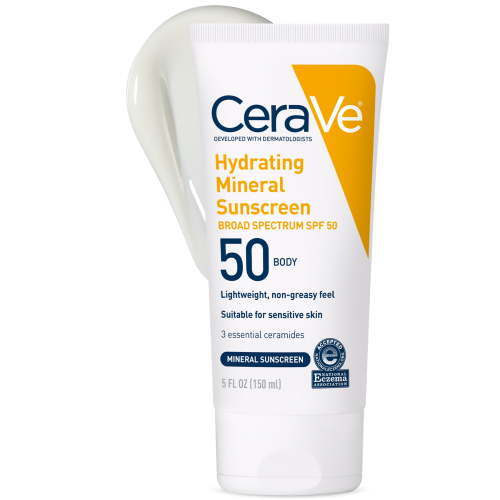 CeraVe Hydrating Mineral Sunscreen SPF 50 for Sensitive Skin, Kids & Adults Body Lotion 5 fl oz HSA/FSA Eligible