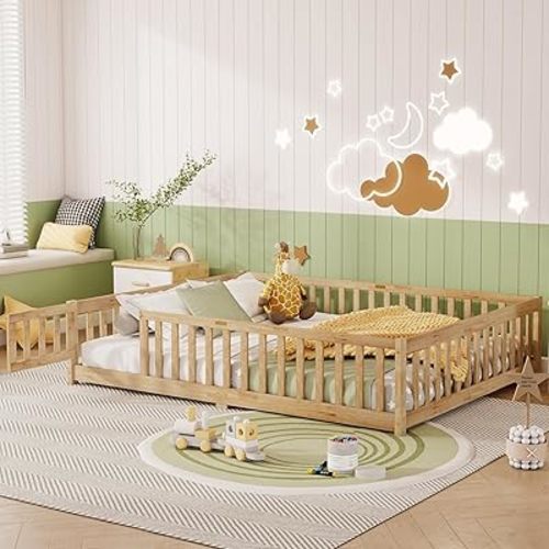 Bellemave Queen Size Floor Bed Frame with Slats and Fence for Kids,Solid Wood Montessori Floor Bed with Door and Safety Guardrails for Girls Boys,Natural