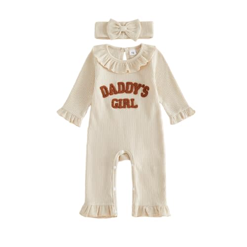 Infant Baby Girl Fall Outfit Romper Jumpsuits Newborn Waffle Clothes | Letter Embroidery Ruffle Trim Long Sleeve Crew Neck Bodysuits Cute Clothing