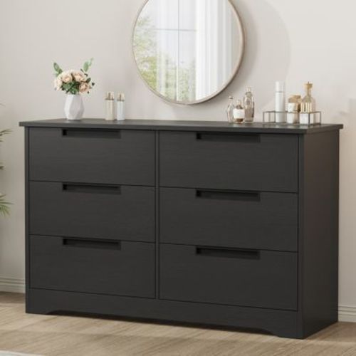 6 Drawer Dresser for Bedroom, Black 6 Chest of Drawers with Embedded Handles Design, Wooden Dresser Organizer for Living Room Nursery Hallway Closet