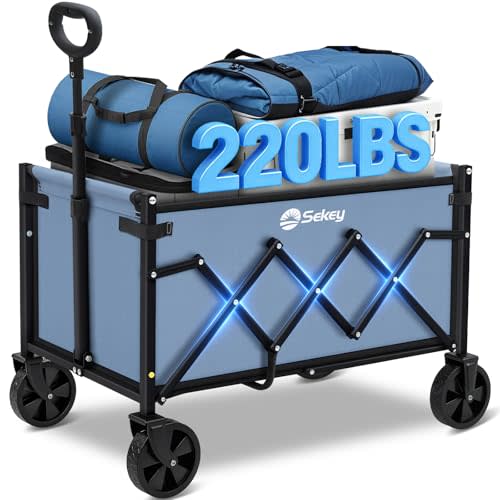 Sekey Lightweight Collapsible Wagon, 220 lb Capacity, Quick-Fold Cart | Lightweight foldable wagon cart with 220 lb steel frame, tool-free setup and auto-rebound handle for shopping and camping.