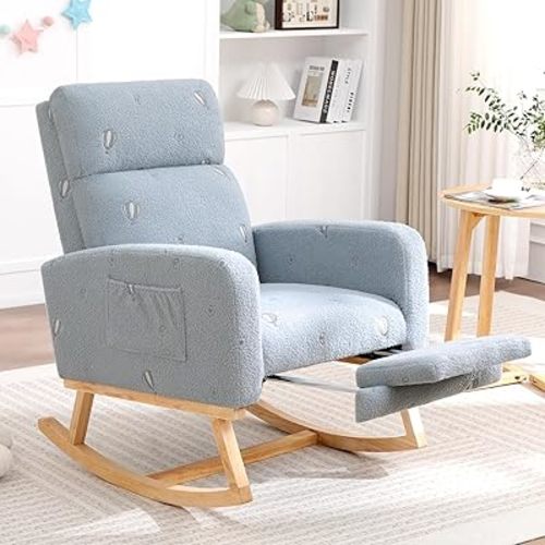 Rocking Chair Nursery with Foot Rest, Nursing Rocking Chairs for Mom Breastfeeding, Teddy Rocker Glider Chair with High Backrest for Living Room, Bedroom, Blue Printed