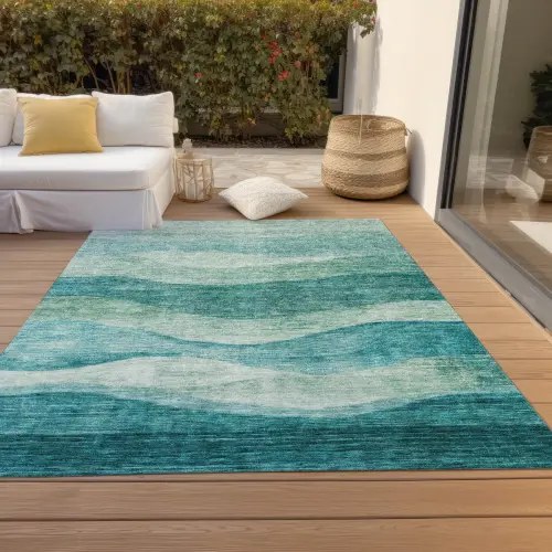 Lizabeta Machine-Washable Indoor/Outdoor Teal Rug