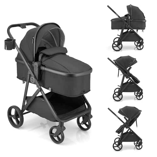 Gromast 3-in-1 Baby Stroller, Convertible Stroller for Newborn Infant Toddler with Reversible Seat, UPF 50+ Canopy & Cup Holder - Black