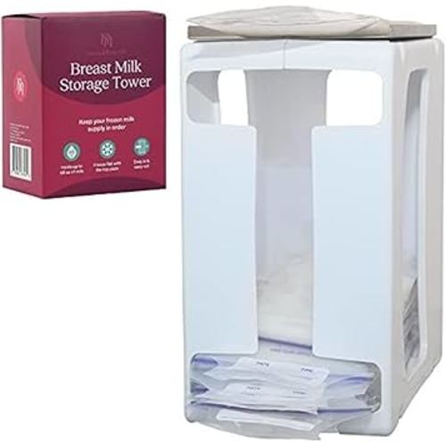 Nurse & Nourish Breast Milk Storage Tower & Freezer Organizer Bin - Space-Saving Rack for Breast Milk Storage Bags - Flat-Freeze Tray for Freezer Bins - First-In, First-Out for Baby Essentials - White