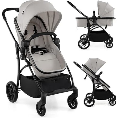 INFANS 2 in 1 Baby Stroller, Convertible Stroller with Bassinet Reversible Seat Adjustable Backrest Canopy One Hand Fold, Compact Toddler Pushchair for Kids Infants Newborns 0-36 Months