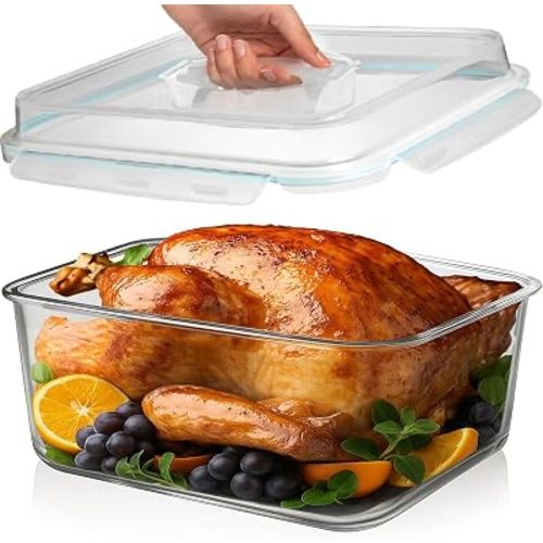 6500 ML / 220 oz / 28 Cup LARGE Glass Food Storage Container with Airtight Locking Lid. Ideal Storing food, Vegetables, Fruits. Baking Casserole, Lasagna, Roasting Turkey, Chicken BPA Free Oven Safe