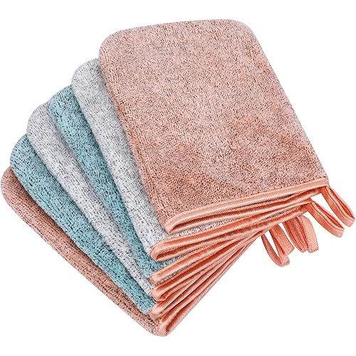 PHOGARY 6 Pack Microfiber Body Wash Mitts, 6×8 Inch Super Absorbent & Soft Face Mitten, Coral Fleece Bath Spa Cloth, Reusable Makeup Remover Mitt Gloves, 3 Colors