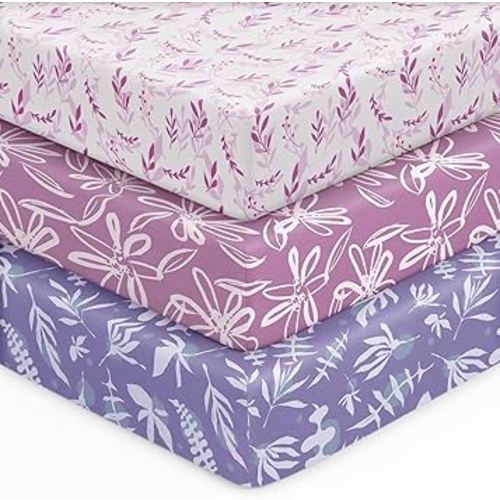 Baby Crib Sheets for Boys Girls, 28x52x8in Fitted Crib Sheet Neutral 3 Pack for Standard Crib and Toddler Mattress, Breathable Soft Microfiber Baby Sheet Purple Leaf