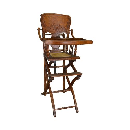 Antique High Chair, Victorian Stroller Oak Pressback Child's Chair #21238