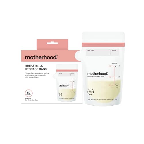 Motherhood Maternity Breastmilk Storage Bags, 3 oz, 50 Count – Leak Proof Breast Milk Freezer Storage Bags, Pre-Sterilized & BPA Free, Self-Standing & Flat Lay